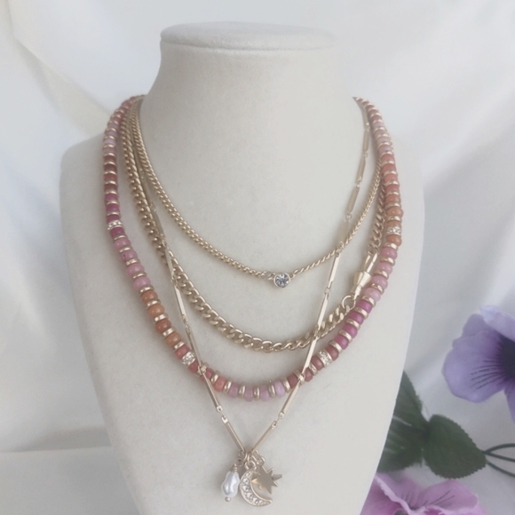 LOFT Festive Layered Necklace Gold Tone Coral Beads Moon Star Celestial - Picture 7 of 7